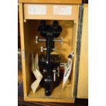 Early to mid 20th Century Watson Barnet anodised binocular microscope with drawer of objectives