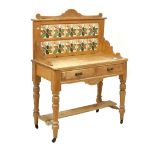 Victorian scrubbed pine tile back wash stand with under-tier, 96cm wide