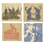 Four South East Asian stencilled pictures on paper, all framed and glazed