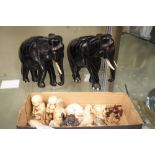 Collection of resin etc netsuke and a pair of ebonised elephants