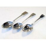 Three 19th Century silver Fiddle pattern table spoons, Exeter 1835, Edinburgh possibly 1820, and