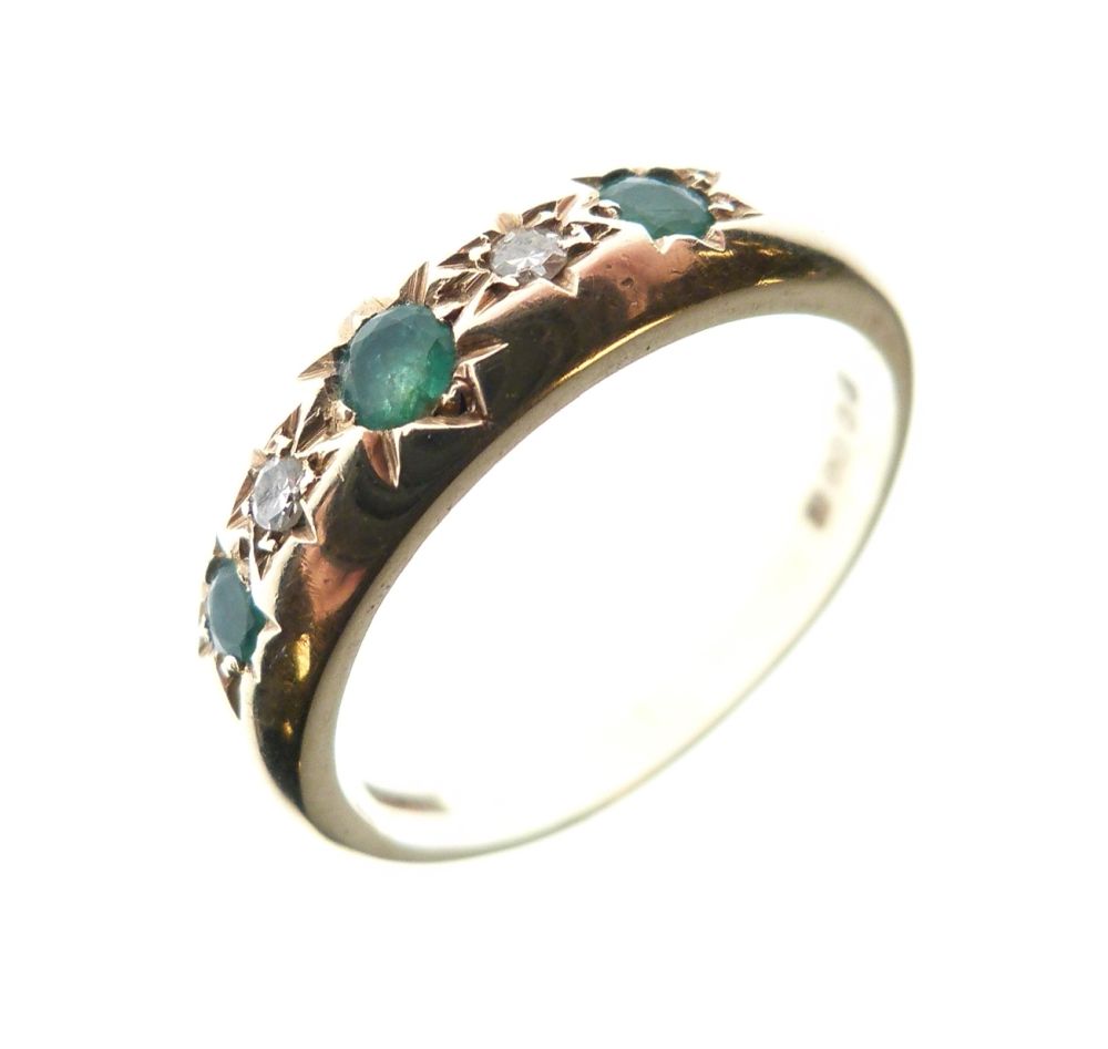 9ct gold ring, gypsy-set with white and green stones, size M, 3.6g gross approx