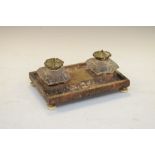 Mid 19th Century inlaid tortoiseshell inkstand with two glass bottles over twin pen trays on