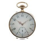 Late 19th/early 20th Century gold-plated open face pocket watch, white Arabic dial with subsidiary