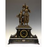 Late 19th Century French black slate and bronzed spelter figural mantel clock, the black Roman