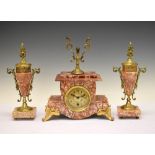 Early 20th Century veined pink marble three piece clock garniture, the clock with Arabic dial and