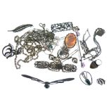 Assorted silver and white metal jewellery to include marcasite bracelet, bar brooch, insect