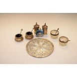 Assorted small silver to include; glass coaster with silver cage work decoration, Birmingham 1924,