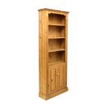 Open pine bookcase with cupboard below, 78cm wide