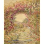 Early 20th Century English School - Watercolour - Garden with rose arbour, monogrammed HLC, dated