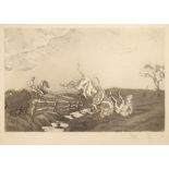 Hunting Interest - Unsigned humorous engraving of a rider taking a fall, 16cm x 23cm, framed and