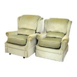 G-Plan - Pair of easy chairs upholstered in sage green plus fabric, one a recliner, together with