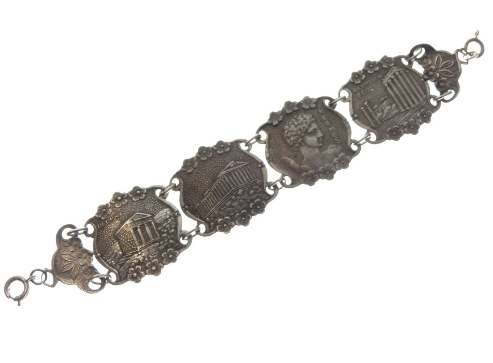 Greek 900-standard white metal panel bracelet depicting Hermes, the Acropolis and other temples,