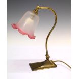 Brass adjustable desk top reading light having frosted frilled edge shade, 36cm high