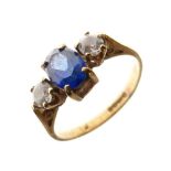 18ct gold, sapphire and diamond three stone ring, size L, 3g gross approx