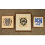 N. McClean - Three lino prints depicting owl, cat and dog, 11cm x 10.5cm to 14.5cm x 10.5cm, all