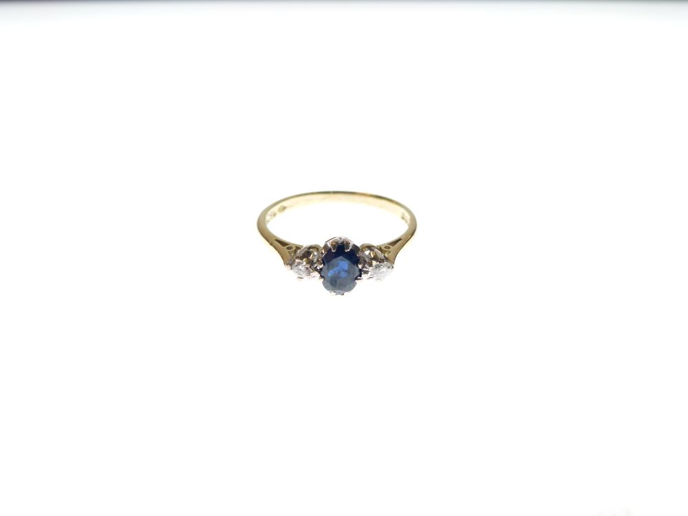 18ct gold, sapphire and diamond three-stone ring, size O, 2.9g gross approx - Image 2 of 5