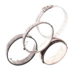 Three assorted silver and white metal snap bangles, together with an expandable bracelet, 3.3toz