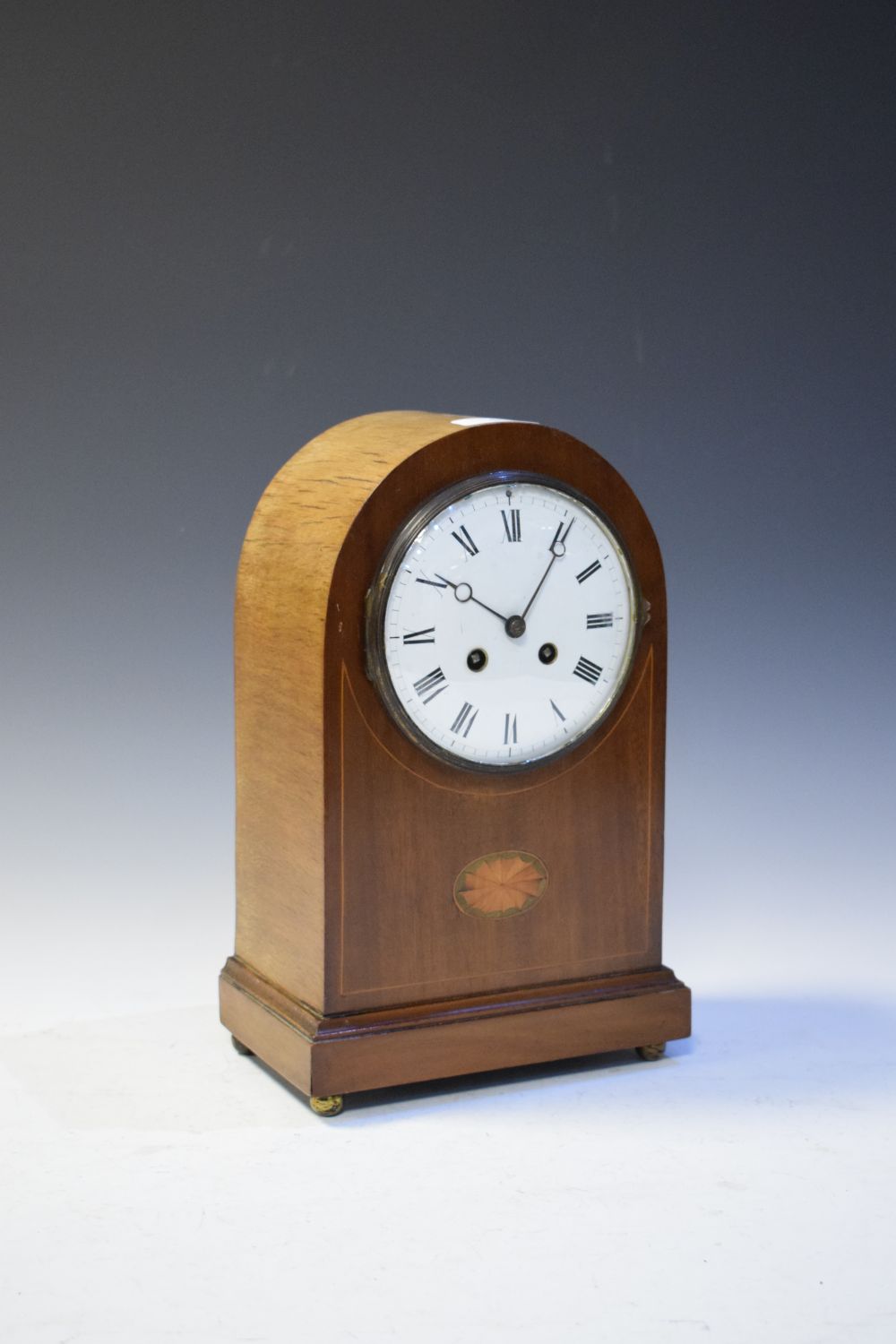 Early 20th Century inlaid mahogany mantel or bracket clock, with five-inch white enamel convex Roman - Image 2 of 6