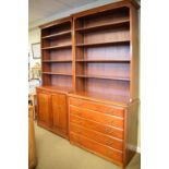 Pair of reproduction mahogany open bookcases, fitted adjustable shelves, 112cm wide x 244cm high