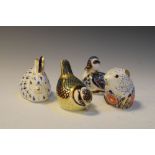 Four Royal Crown Derby porcelain paperweights to include, rabbit, poppy mouse and two birds