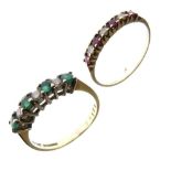 Gold, emerald and diamond seven-stone dress ring, marks indistinct, size M, together with a 9ct