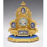 Late 19th Century French porcelain-mounted gilt metal mantel clock, with decorated cellular Roman