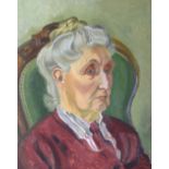 Kathleen Hale OBE (1898-2000) - Oil on board - Portrait of an elderly lady seated on a Victorian