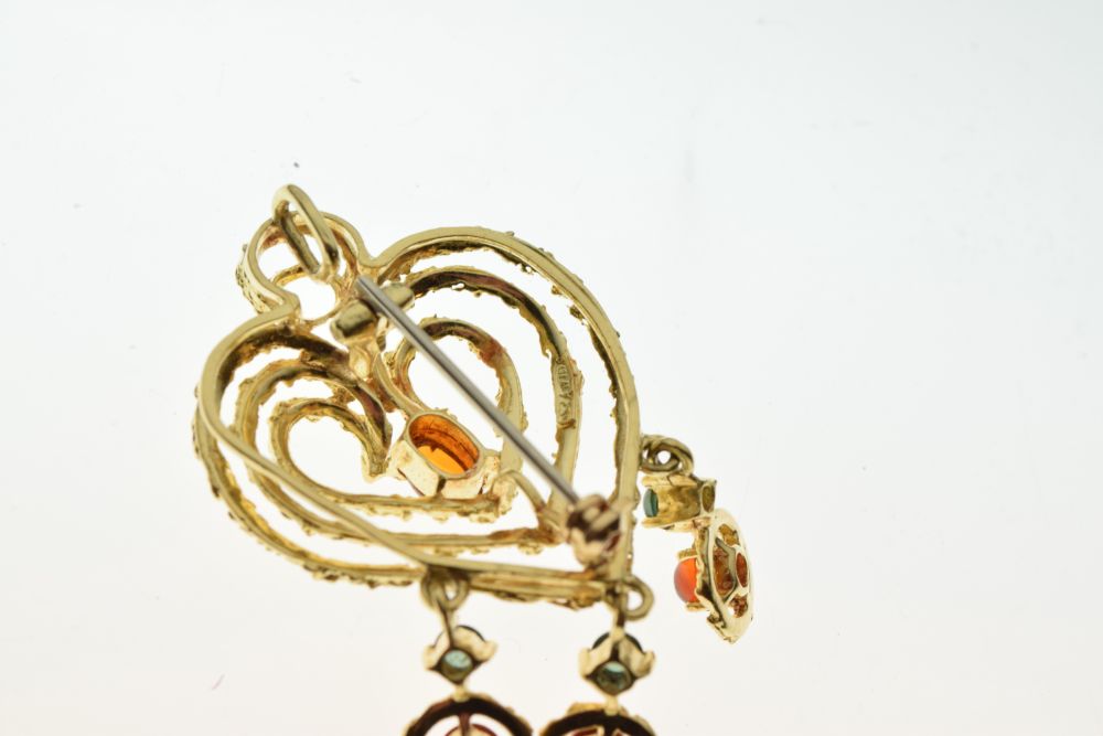 Citrine and green tourmaline heart shaped pendant brooch, tagged '750', 5cm long, 11g gross - Image 8 of 8