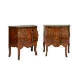 Pair of marble-top kingwood and marquetry bombé commode chests, late 20th Century, each having a