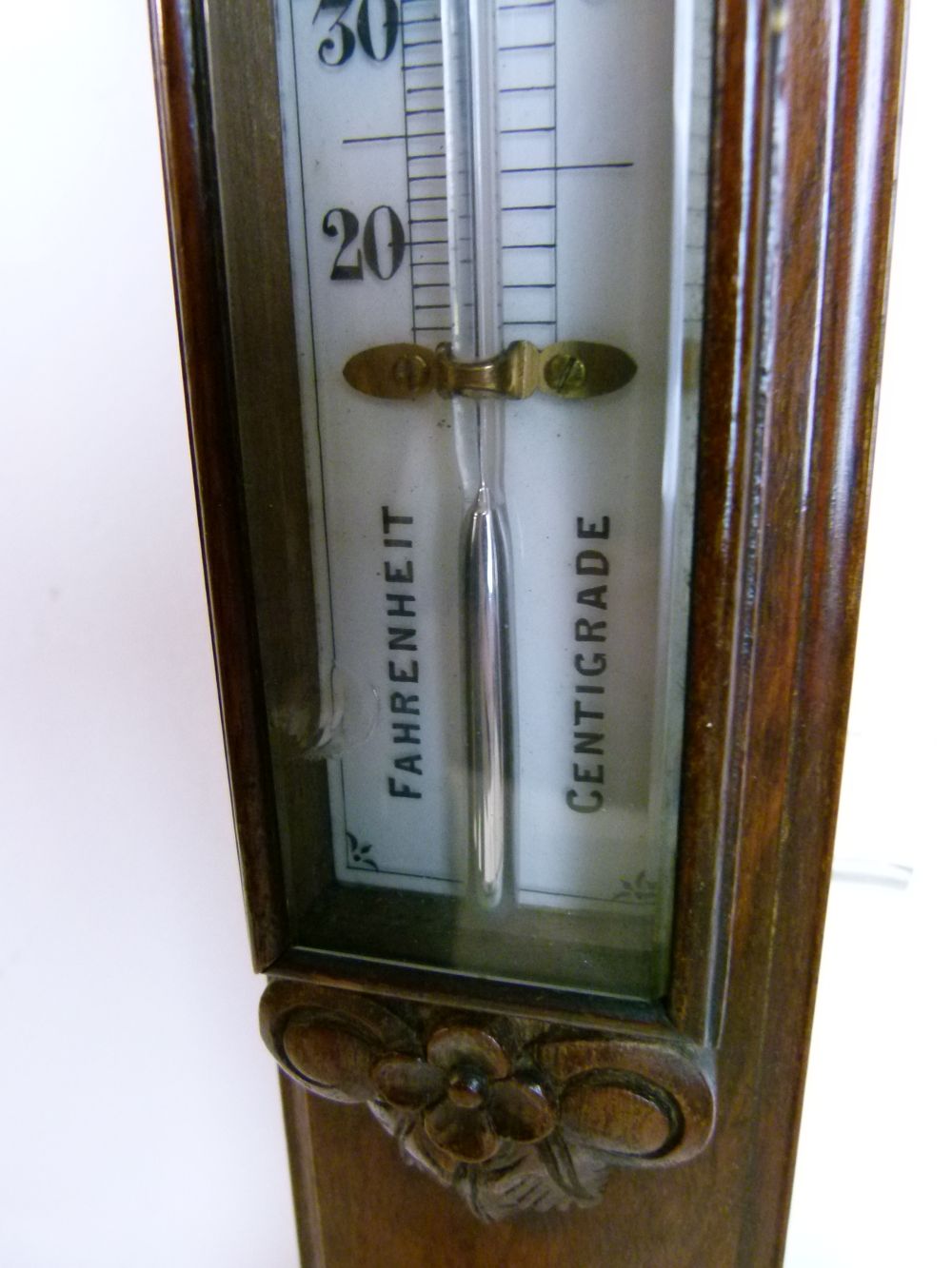 Late Victorian carved walnut stick barometer, anonymous, the white ceramic scale printed for 10am - Image 6 of 8