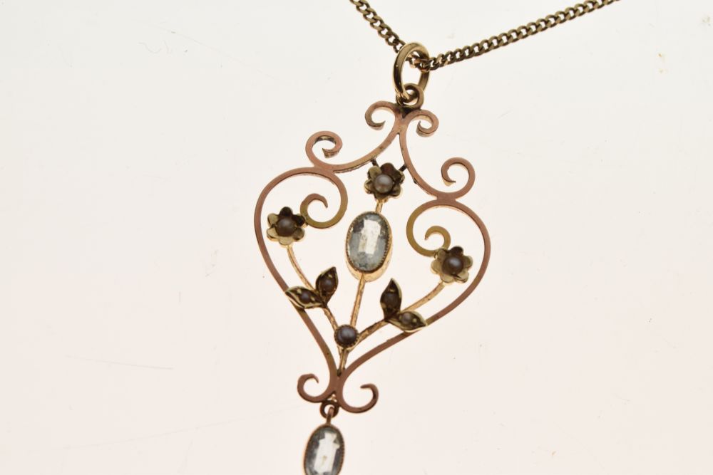 Edwardian style aquamarine and seed pearl pendant in unmarked gold, on a 9ct gold chain, 4.4g - Image 2 of 6