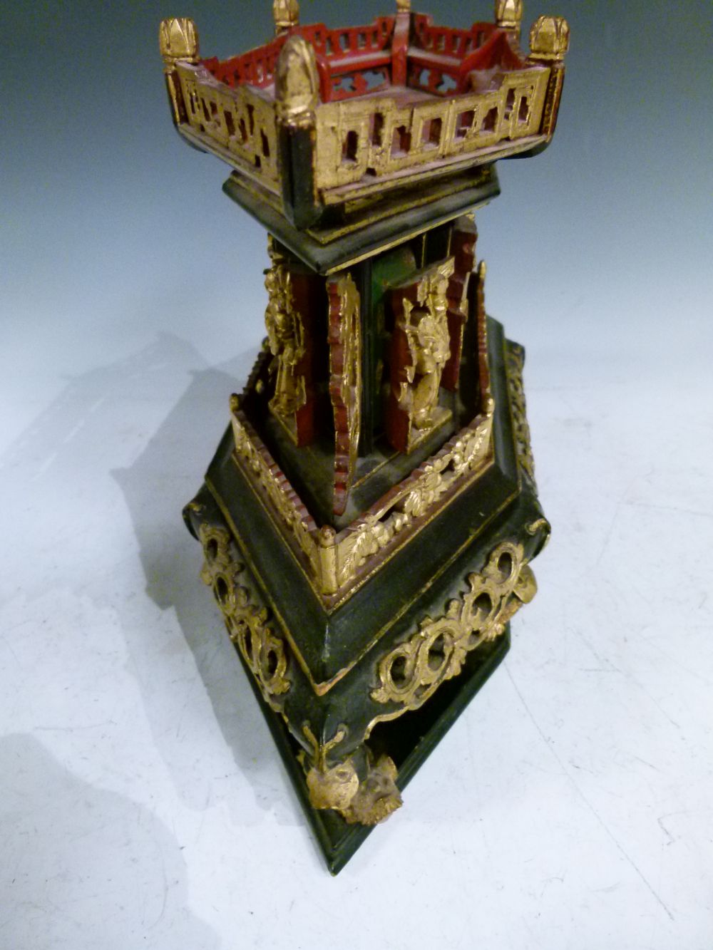 Late 19th or early 20th Century Chinese black lacquer and gilt model of a pagoda or pavilion, with - Image 9 of 11