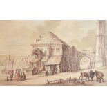 Thomas Rowlandson (1756-1827) - Watercolour - 'A village gateway', signed lower left, 16cm x 26cm,