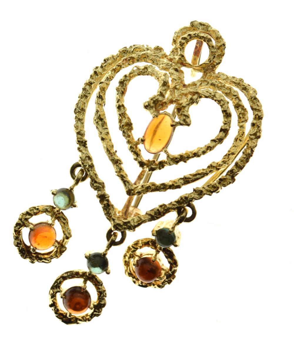 Citrine and green tourmaline heart shaped pendant brooch, tagged '750', 5cm long, 11g gross