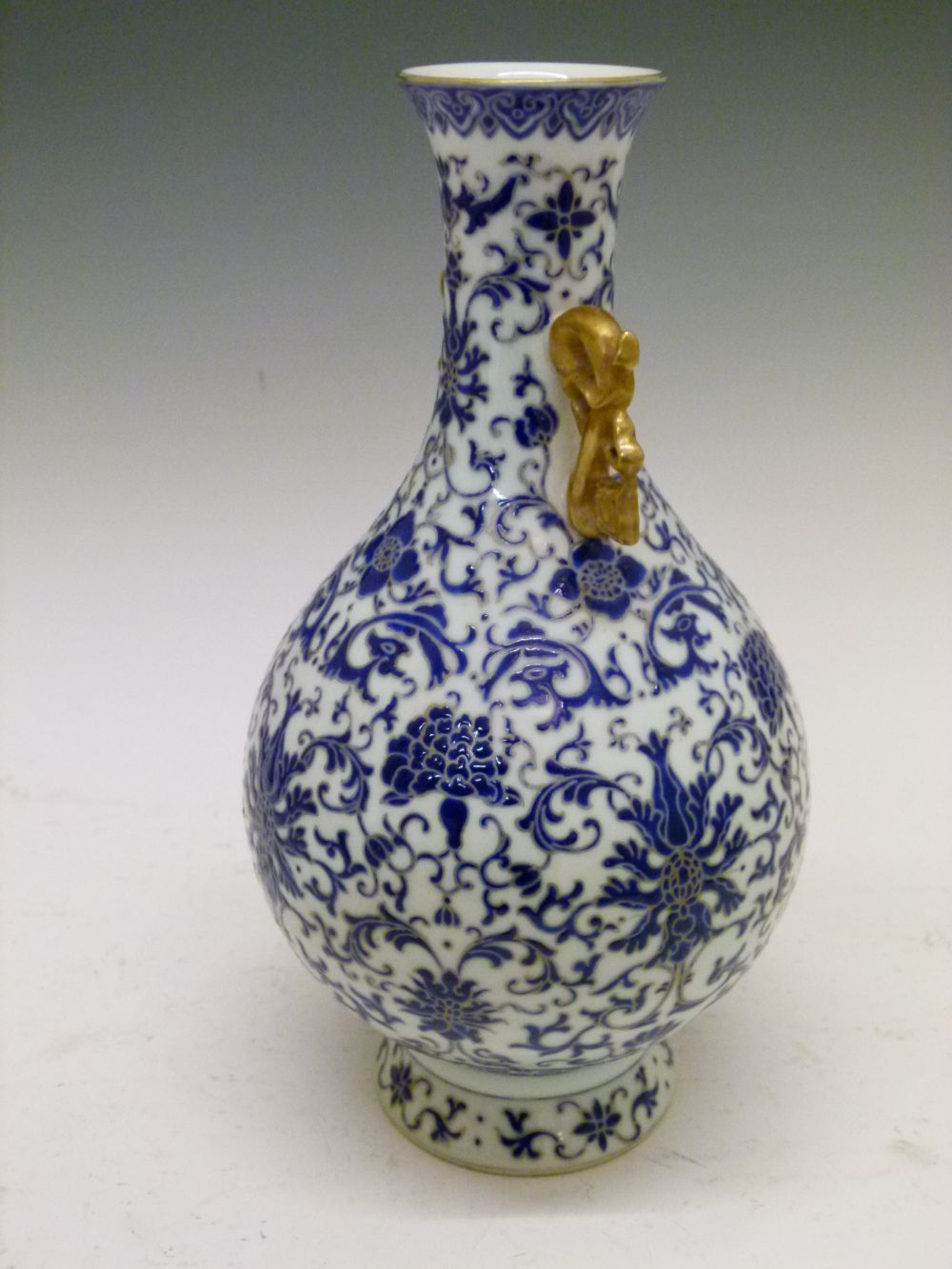 Chinese porcelain vase, of bulbous form with gilt handles and Royal blue enamel Ming-style floral - Image 4 of 10