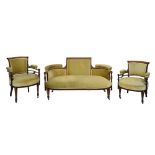 Edwardian inlaid rosewood three piece salon or parlour suite comprising: a double scroll-end settee,