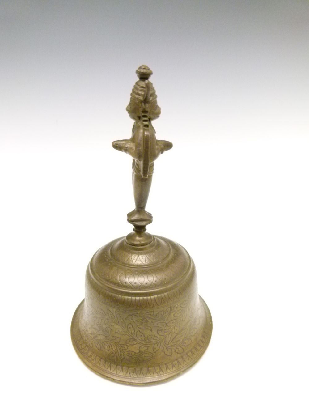 Indian bronze or brass alloy bell, the handle cast as the deity Rama and his devotee Hanuman, the - Image 4 of 8
