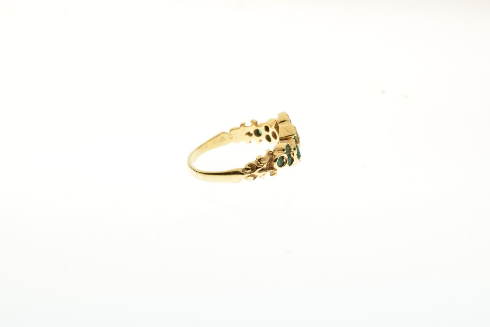 Diamond and emerald 18ct gold dress ring, the square head set with five Swiss cut diamonds and - Image 4 of 6