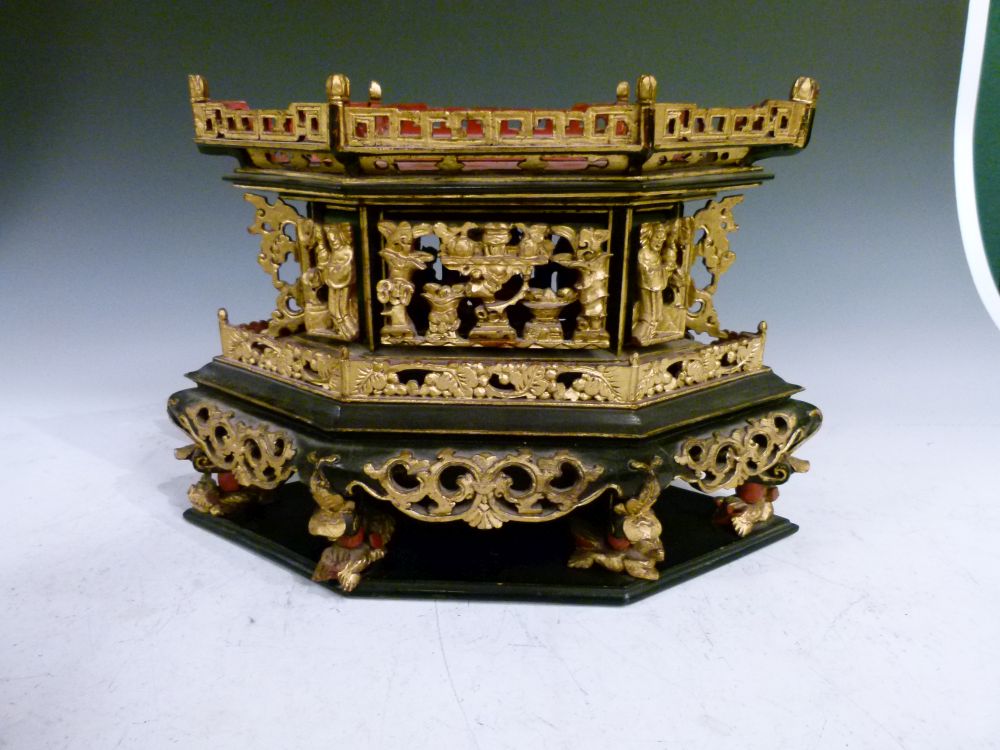 Late 19th or early 20th Century Chinese black lacquer and gilt model of a pagoda or pavilion, with - Image 6 of 11