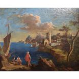 18th Century Italian School - Oil on canvas - Classical landscape with figures on the shore line