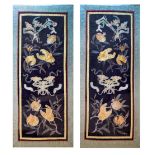 Pair of Chinese silk sleeve panels, each decorated with fruit and bats in gilt and turquoise threads