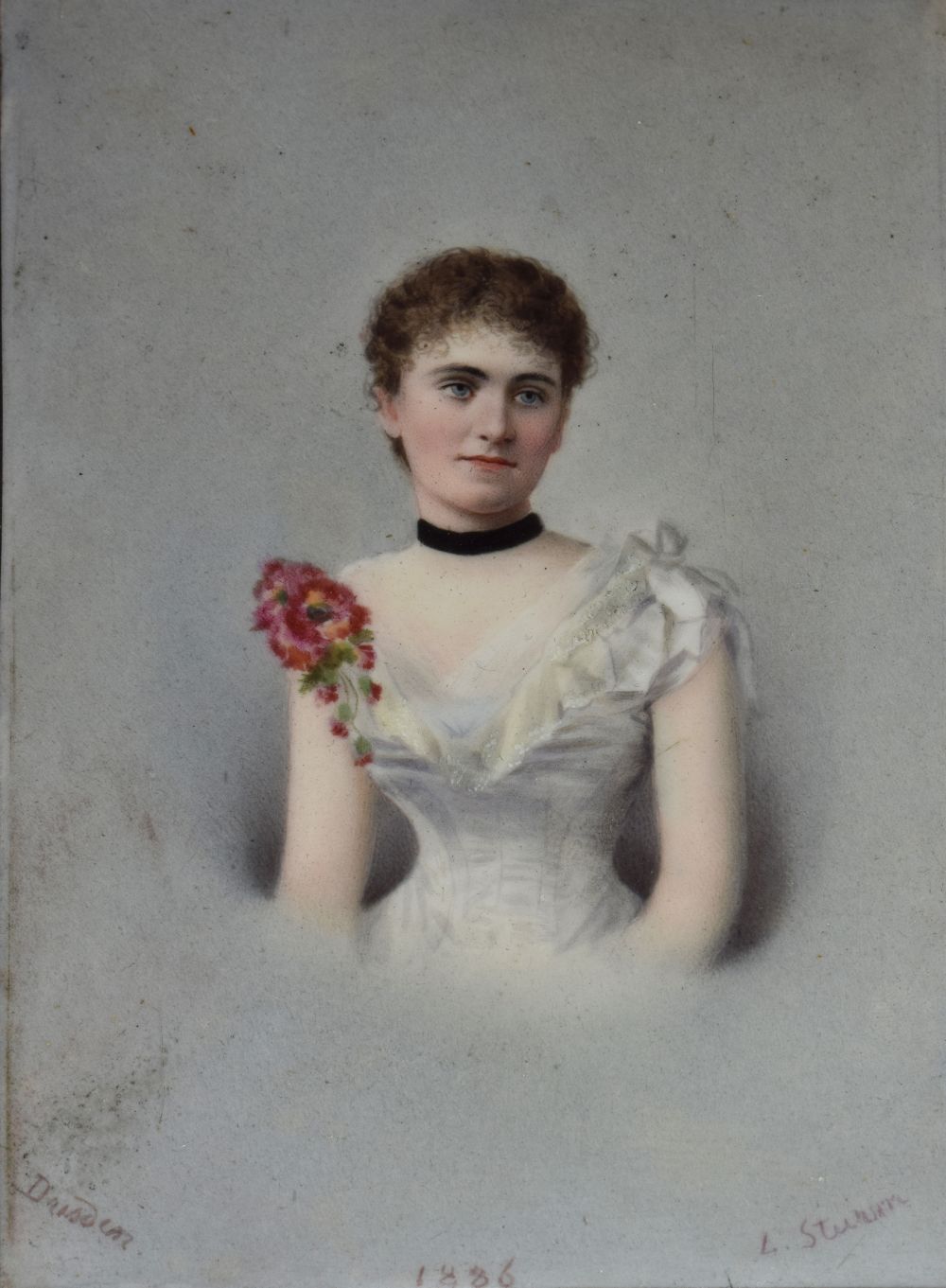 L. Sturn (19th Century German) - Portrait miniature on porcelain - Lady in a white dress, signed and