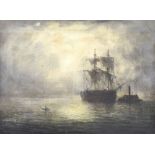 19th Century English School - Oil on canvas - Ghost Ship, its sails in tatters being towed under