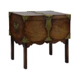 Unusual 19th Century brass-bound teak Campaign box/stool, the hinged cover with shaped brass