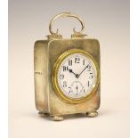George V silver cased travel clock, the white enamel dial with Arabic numerals raised on squat bun