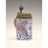 18th Century German faience tankard of Erfurt type, the hinged circular pewter cover with ball