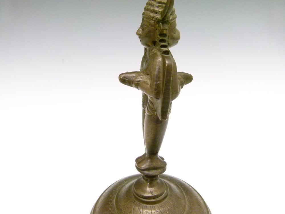 Indian bronze or brass alloy bell, the handle cast as the deity Rama and his devotee Hanuman, the - Image 6 of 8