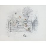 19th Century English School - Pencil and watercolour - Four children playing on a five bar gate, 9cm