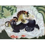 Kathleen Hale OBE (1898-2000) - Foil and reverse painted glass - Tiger and black Panther fighting in